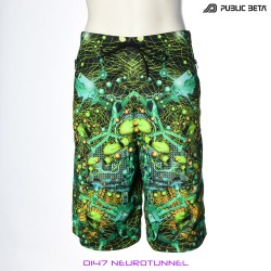 Neurotunnel by PublicBetaWear Beach shorts with glow in blacklight psychedelic art prints. Ideal for psytrance festivals.