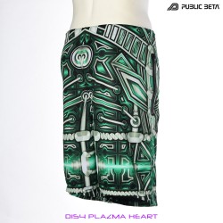 Plazma Heart by PublicBetaWear Beach shorts with glow in blacklight psychedelic art prints. Ideal for psytrance festivals.