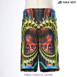 Jungle Genie by PublicBetaWear Beach shorts with glow in blacklight psychedelic art prints. Ideal for psytrance festivals.