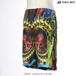 Jungle Genie by PublicBetaWear Beach shorts with glow in blacklight psychedelic art prints. Ideal for psytrance festivals.