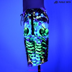 Flux by PublicBetaWear Beach shorts with glow in blacklight psychedelic art prints. Ideal for psytrance festivals.