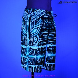 Plazma Heart by PublicBetaWear Beach shorts with glow in blacklight psychedelic art prints. Ideal for psytrance festivals.