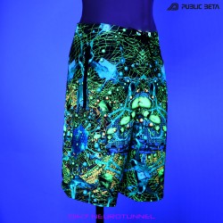 Neurotunnel by PublicBetaWear Beach shorts with glow in blacklight psychedelic art prints. Ideal for psytrance festivals.