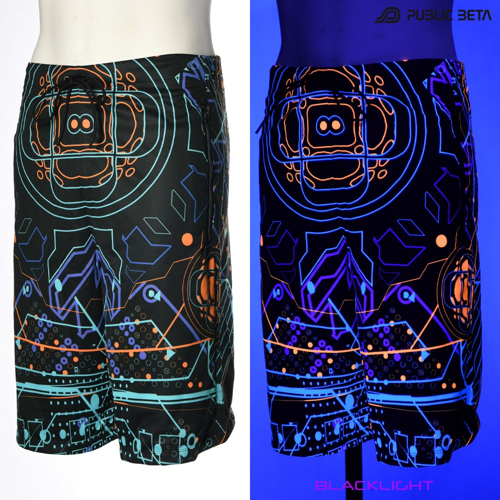 Motherboard by Public Beta Wear Beach shorts with glow in blacklight psychedelic art prints. Ideal for psytrance festivals.