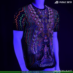Alien Meditation Visionary psychedelic art print on t-shirt. Durable Glow in Blacklight full print by Public Beta Wear