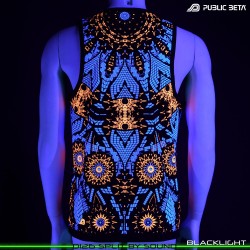 Split by Sound Sleeveless Shirt with Futuristic Psychedelic Print. Glow in Blacklight Psytrance Clothing by Public Beta Wear