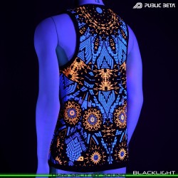 Split by Sound Sleeveless Shirt with Futuristic Psychedelic Print. Glow in Blacklight Psytrance Clothing by Public Beta Wear