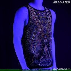 Alien Meditation Sleeveless Shirt with Futuristic Psychedelic Print. Glow in Blacklight Psytrance Clothing by Public Beta Wear