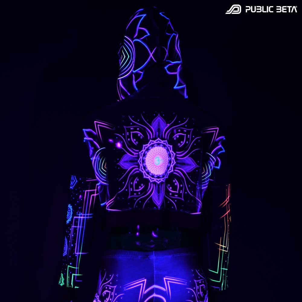 Blacklight Reactive Hooded Crop Top Mesh /Chakra Power D112