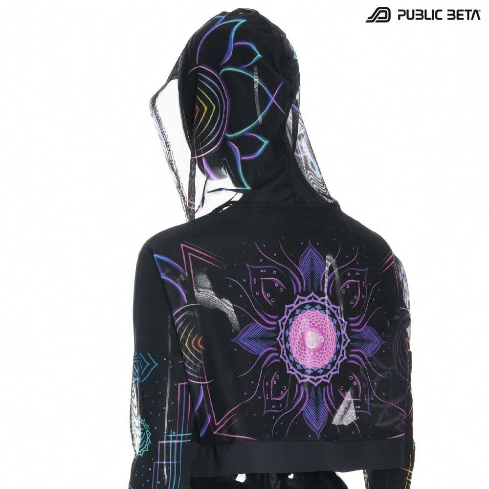 Blacklight Reactive Hooded Crop Top Mesh /Chakra Power D112
