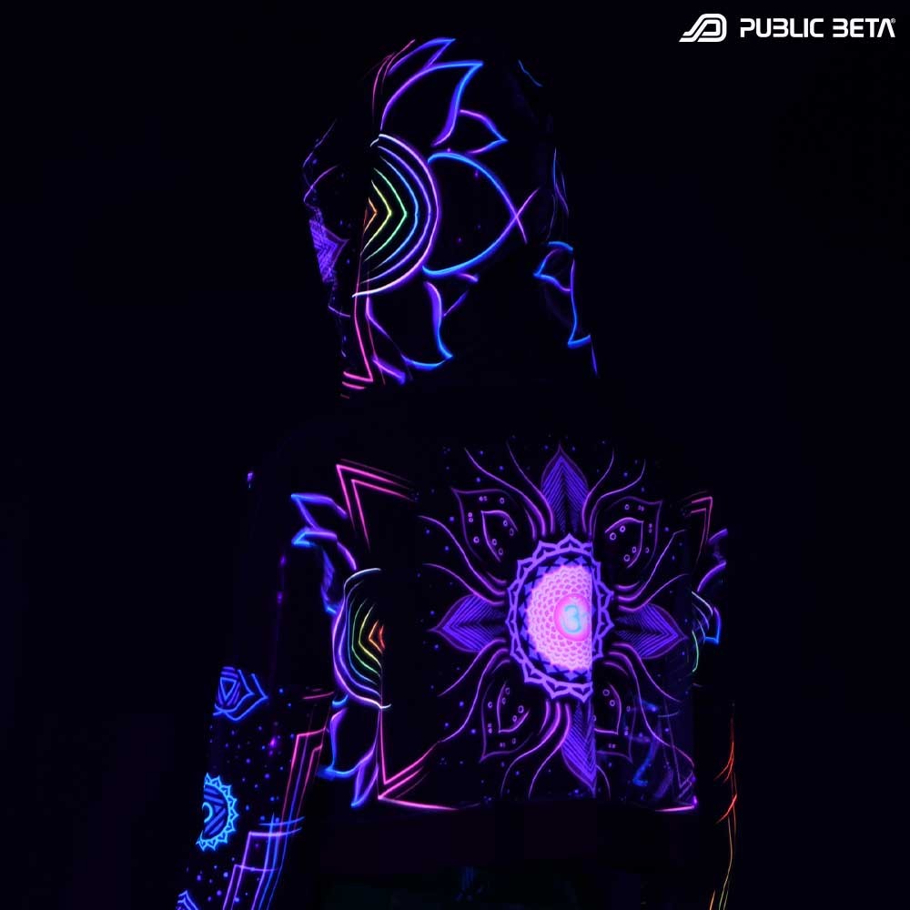 Blacklight Reactive Hooded Crop Top Mesh /Chakra Power D112