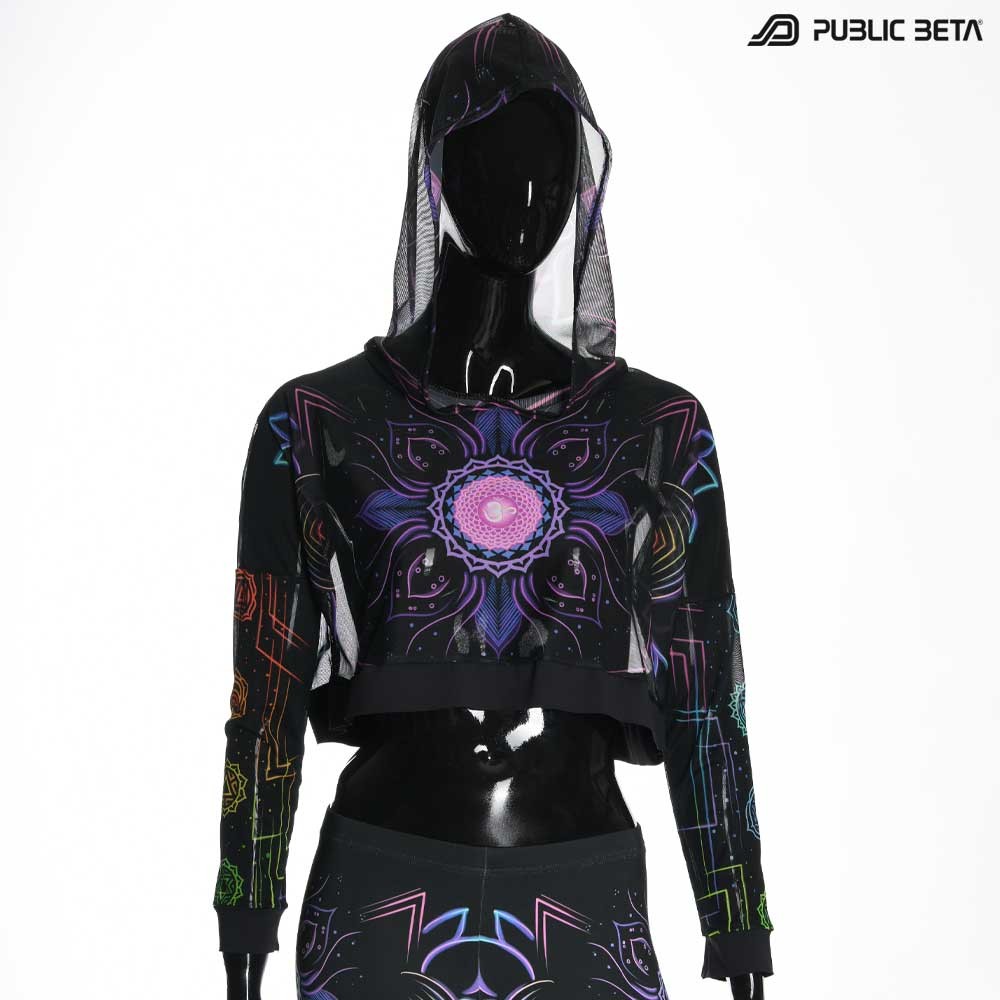 Blacklight Reactive Hooded Crop Top Mesh /Chakra Power D112