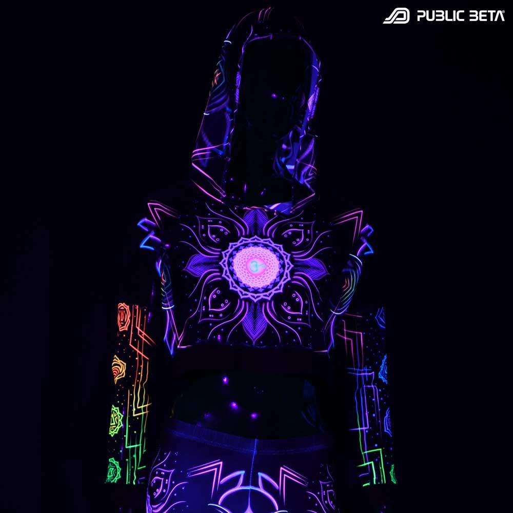 Blacklight Reactive Hooded Crop Top Mesh /Chakra Power D112