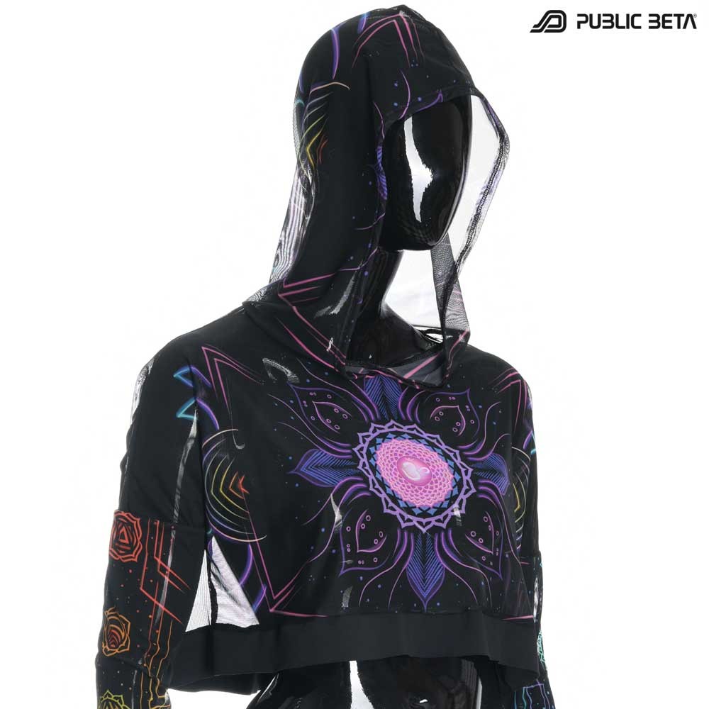 Blacklight Reactive Hooded Crop Top Mesh /Chakra Power D112