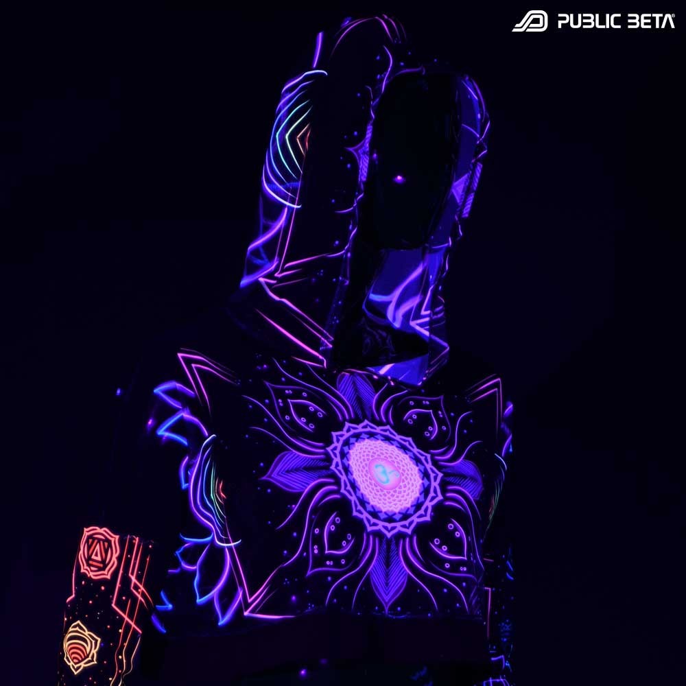 Blacklight Reactive Hooded Crop Top Mesh /Chakra Power D112