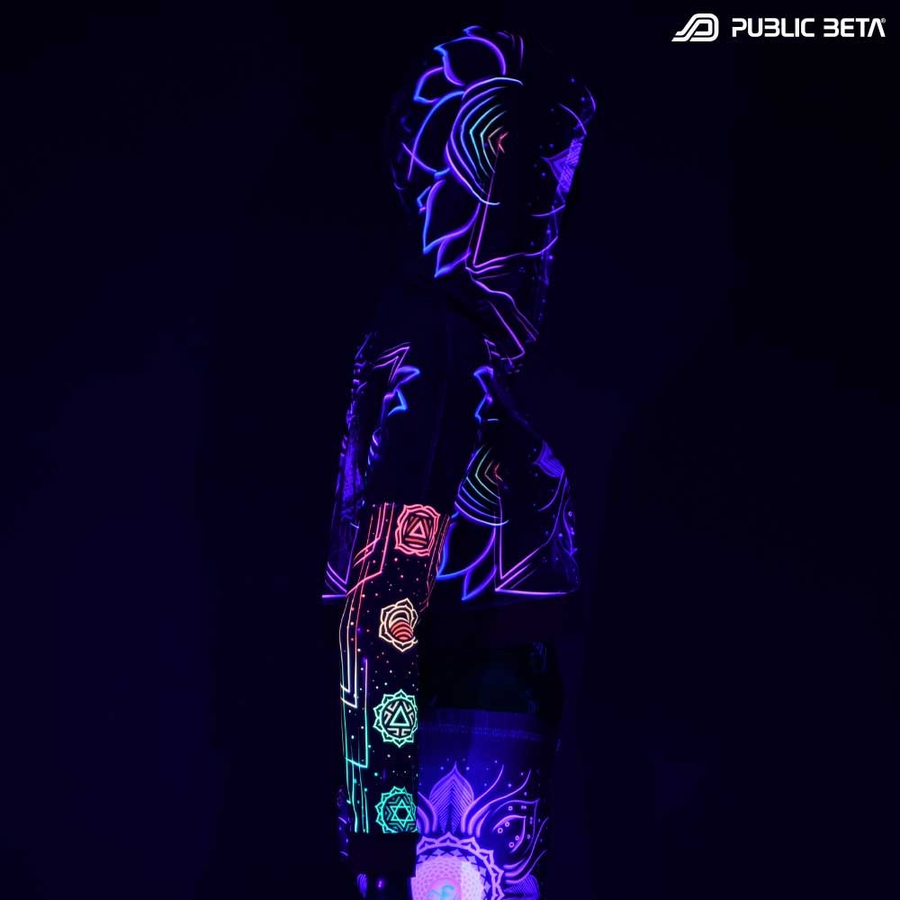 Blacklight Reactive Hooded Crop Top Mesh /Chakra Power D112
