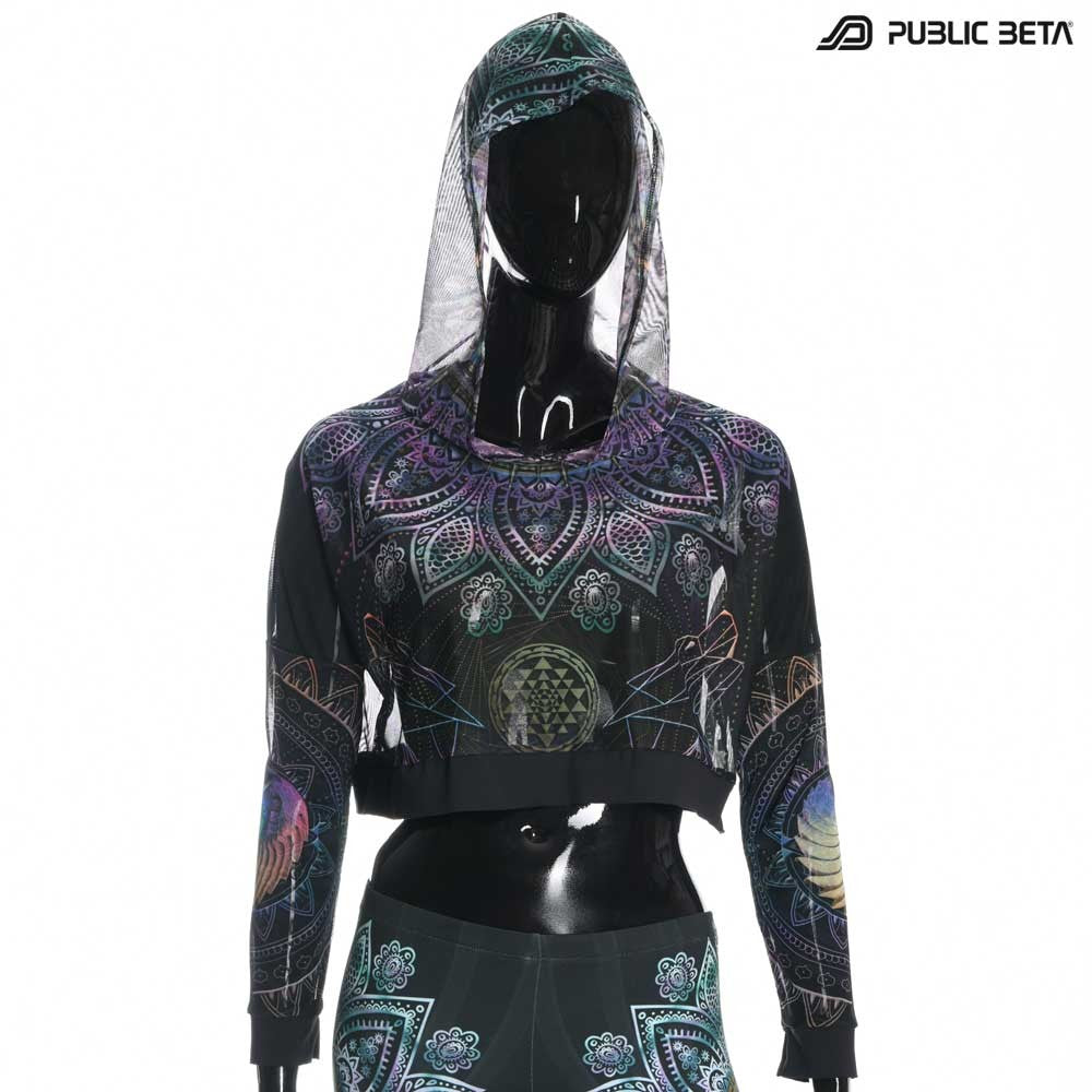 Blacklight Reactive Hooded Crop Top Mesh /Singular D131