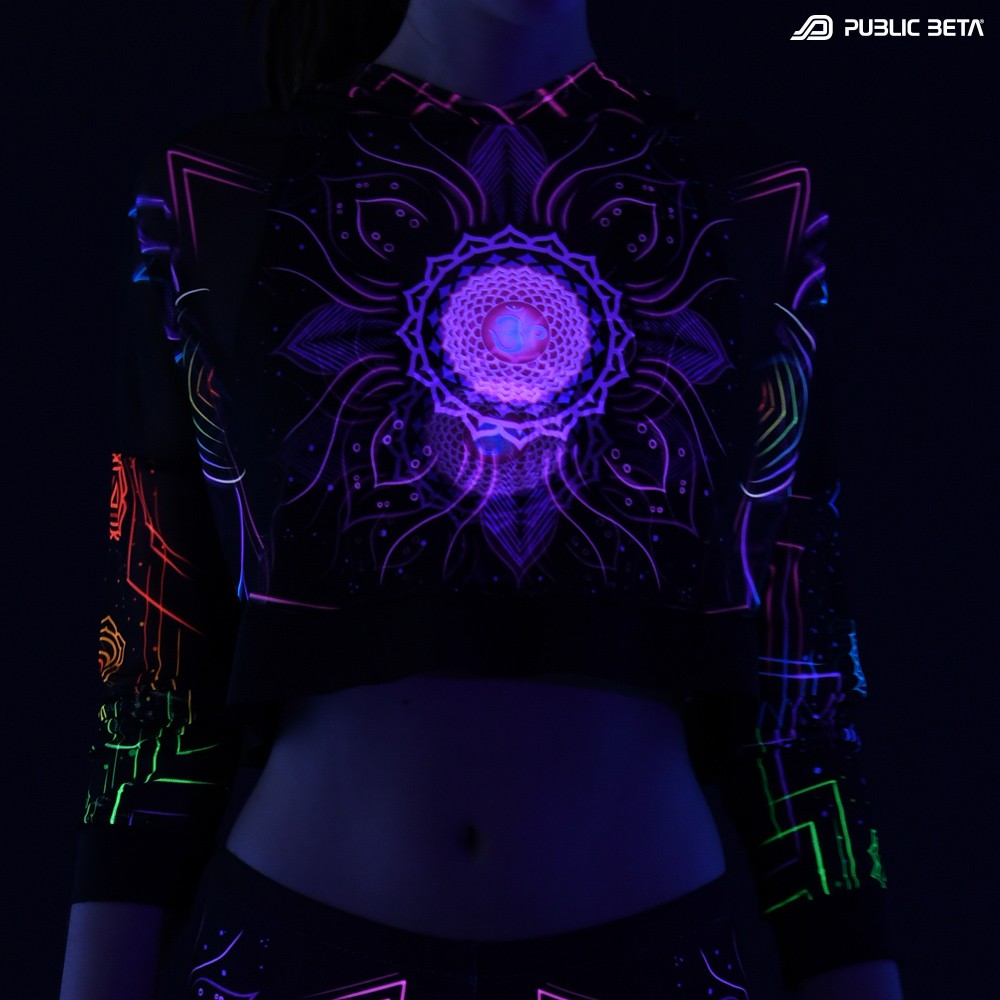 Blacklight Reactive Hooded Crop Top Mesh /Chakra Power D112