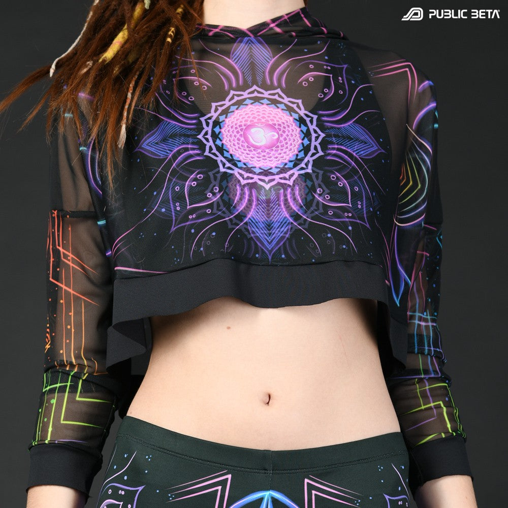 Blacklight Reactive Hooded Crop Top Mesh /Chakra Power D112
