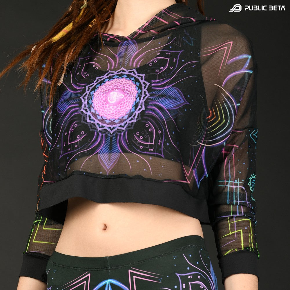 Blacklight Reactive Hooded Crop Top Mesh /Chakra Power D112