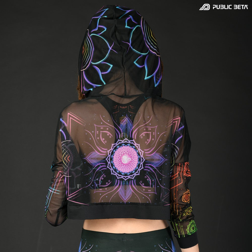 Blacklight Reactive Hooded Crop Top Mesh /Chakra Power D112