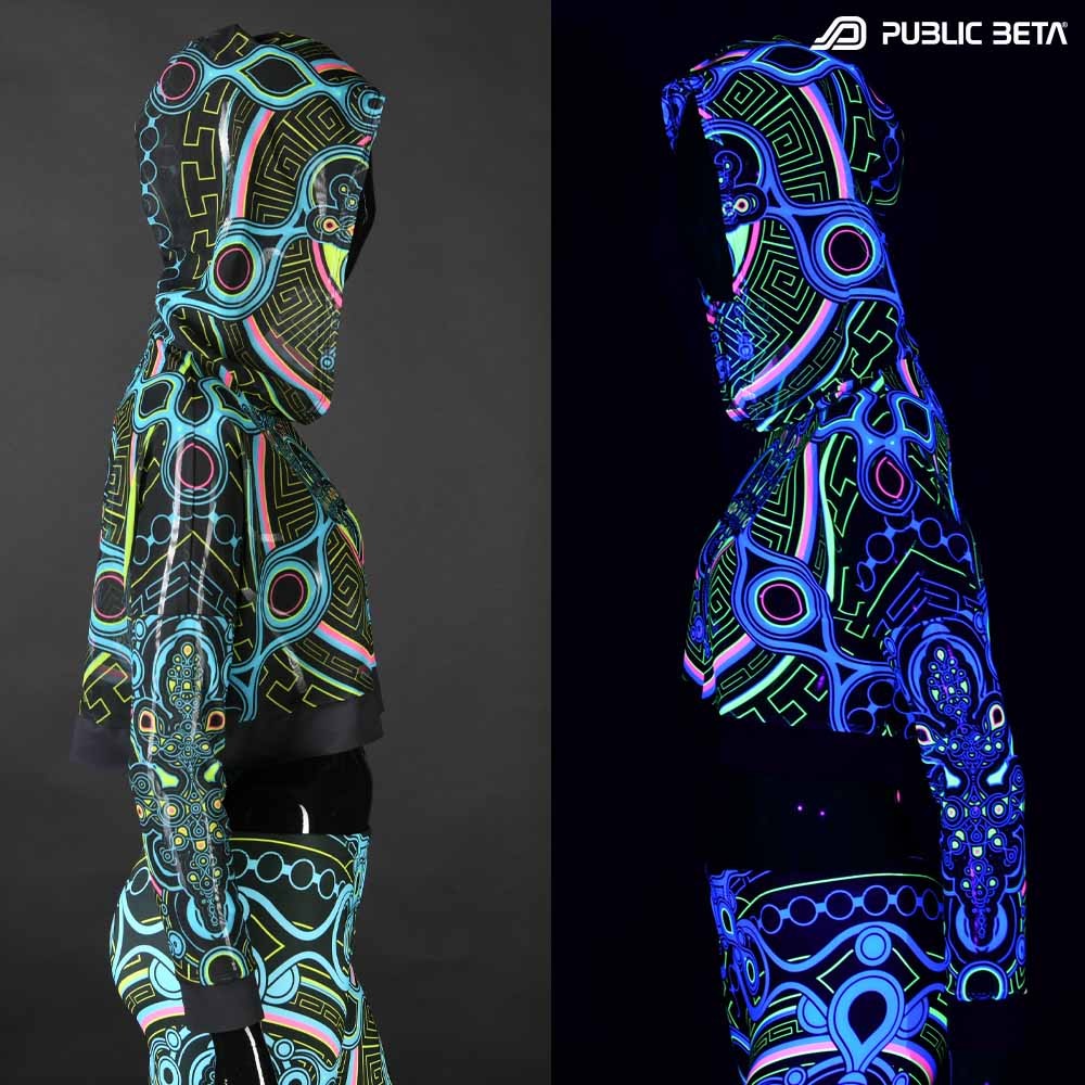 Archaic Trip Hooded Mash Top by Public Beta Wear Blacklight Psytrance Fashion