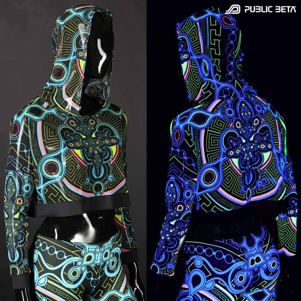 Archaic Trip Hooded Mash Top by Public Beta Wear Blacklight Psytrance Fashion
