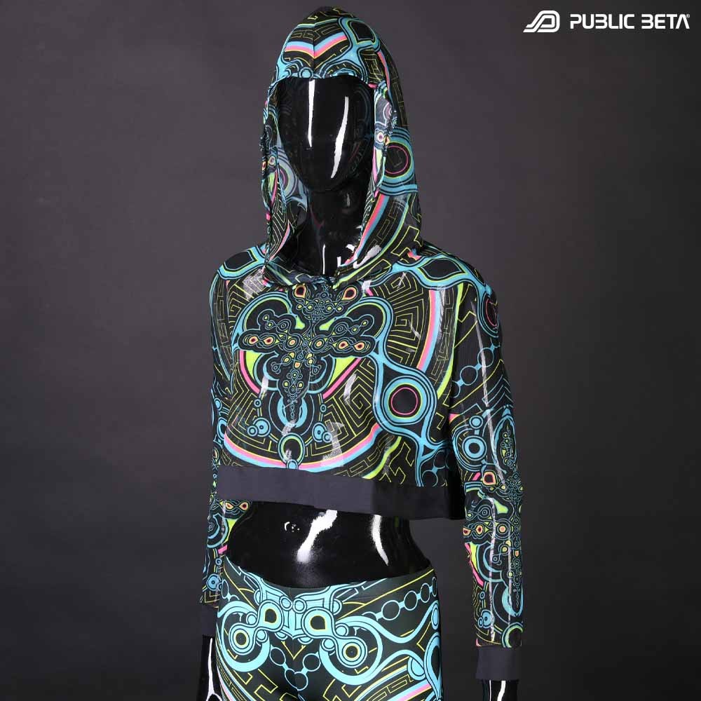 Archaic Trip Hooded Mash Top by Public Beta Wear Blacklight Psytrance Fashion