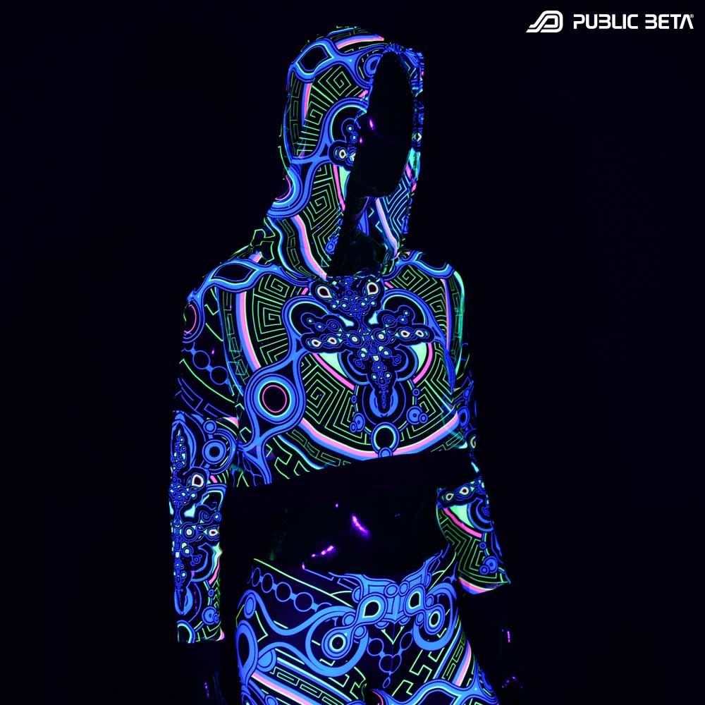 Archaic Trip Hooded Mash Top by Public Beta Wear Blacklight Psytrance Fashion