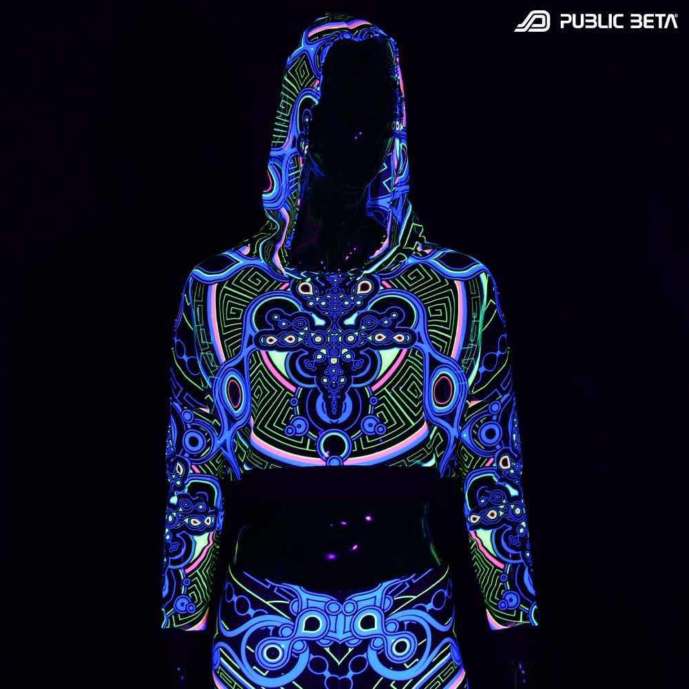 Archaic Trip Hooded Mash Top by Public Beta Wear Blacklight Psytrance Fashion
