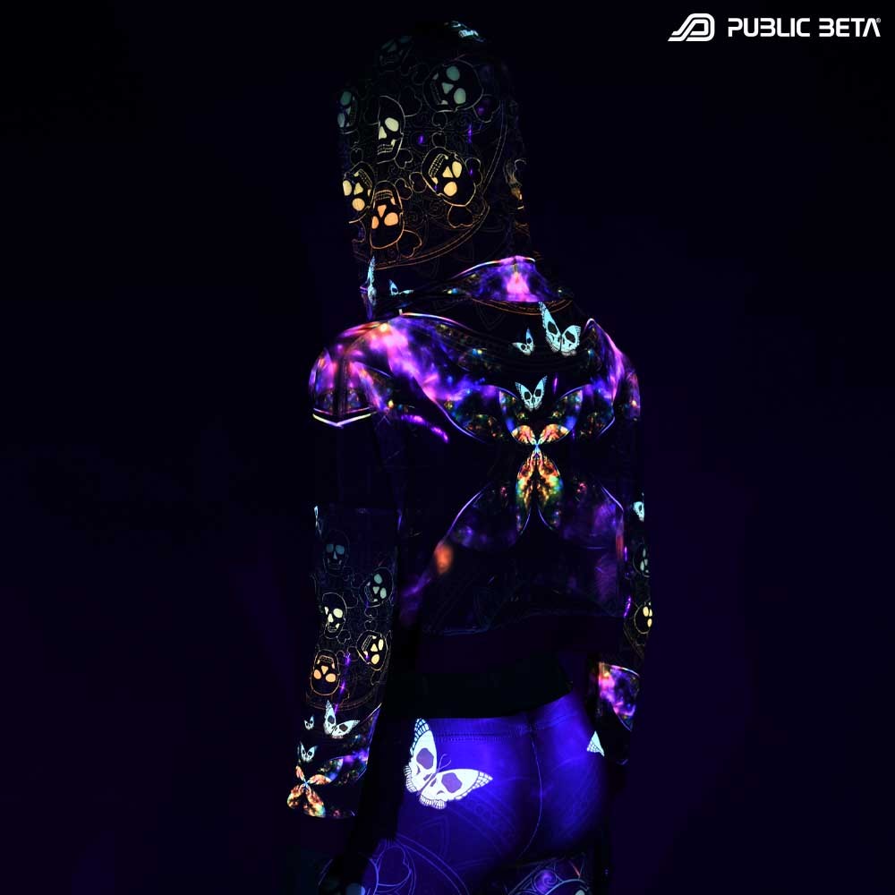 Glow in Blacklight Hooded Top. UV Active Psychedelic Top with Hood