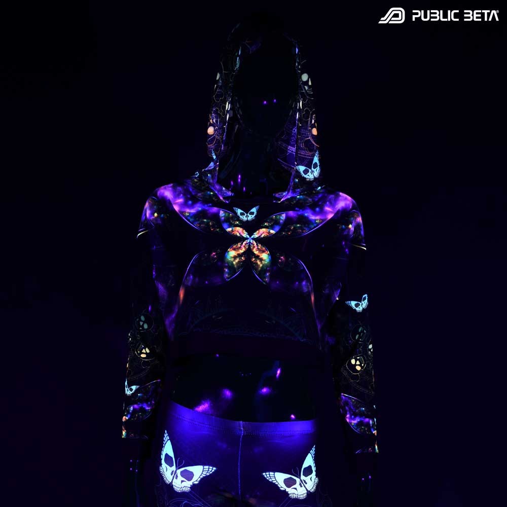 Glow in Blacklight Hooded Top. UV Active Psychedelic Top with Hood