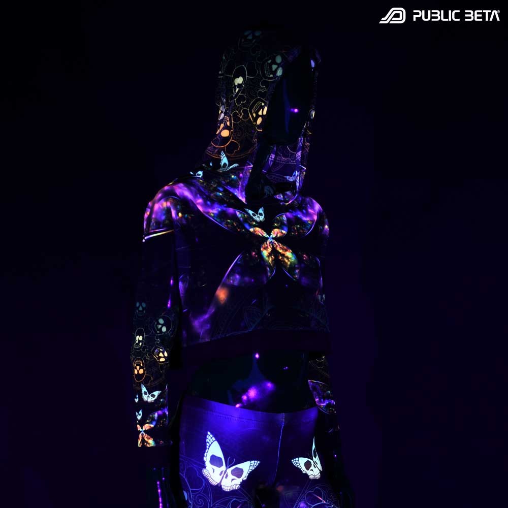 Glow in Blacklight Hooded Top. UV Active Psychedelic Top with Hood