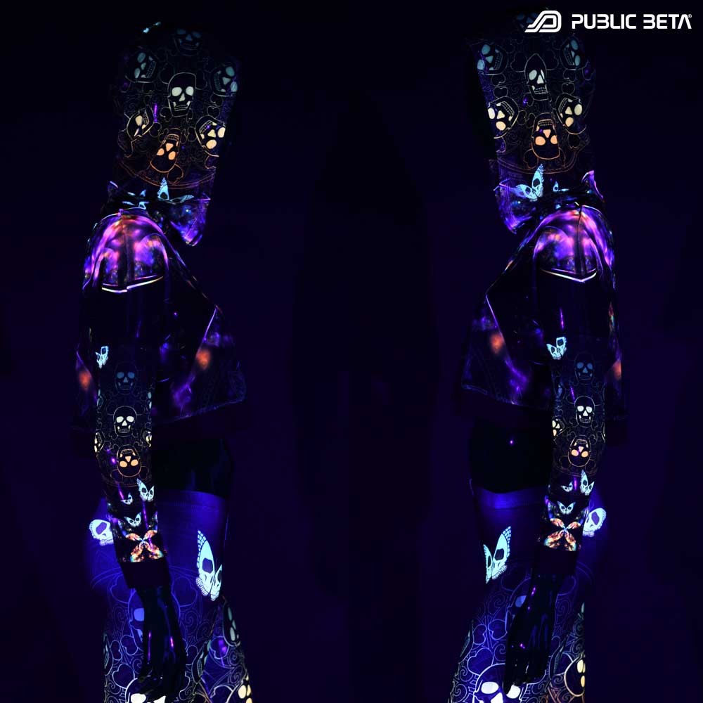 Glow in Blacklight Hooded Top. UV Active Psychedelic Top with Hood