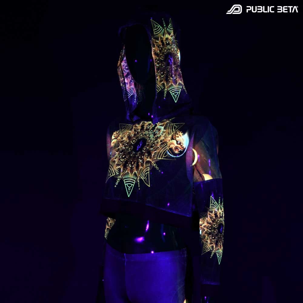 Glow in Blacklight Hooded Top. UV Active Psychedelic Top with Hood