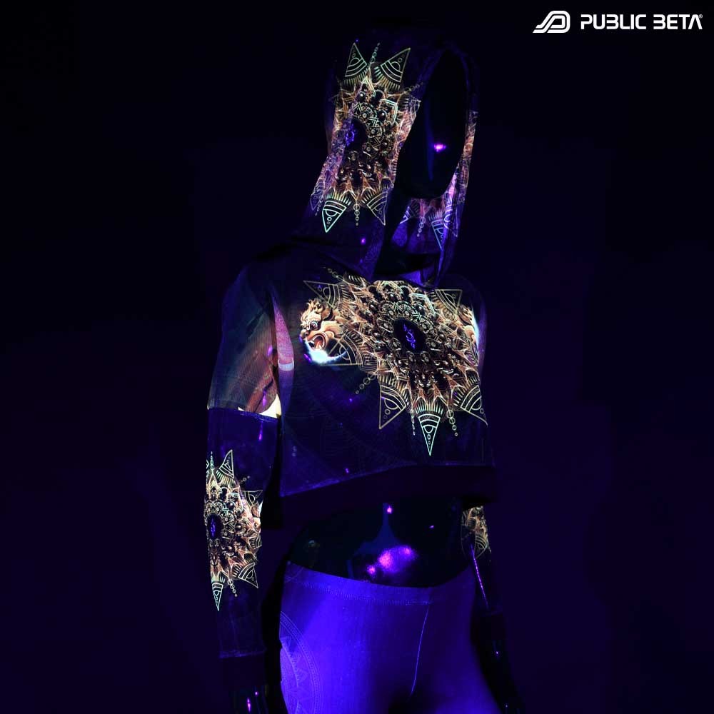 Glow in Blacklight Hooded Top. UV Active Psychedelic Top with Hood