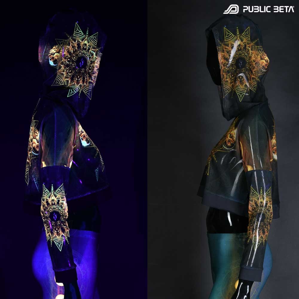 Glow in Blacklight Hooded Top. UV Active Psychedelic Top with Hood