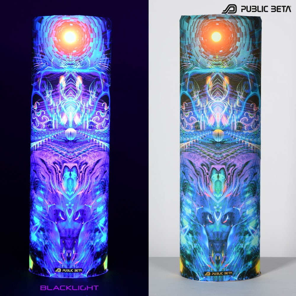 Sun Temple by Public Beta Wear Psywear. Psytrance Festival Accessories. Glow in Blacklight Tube Bandana.
