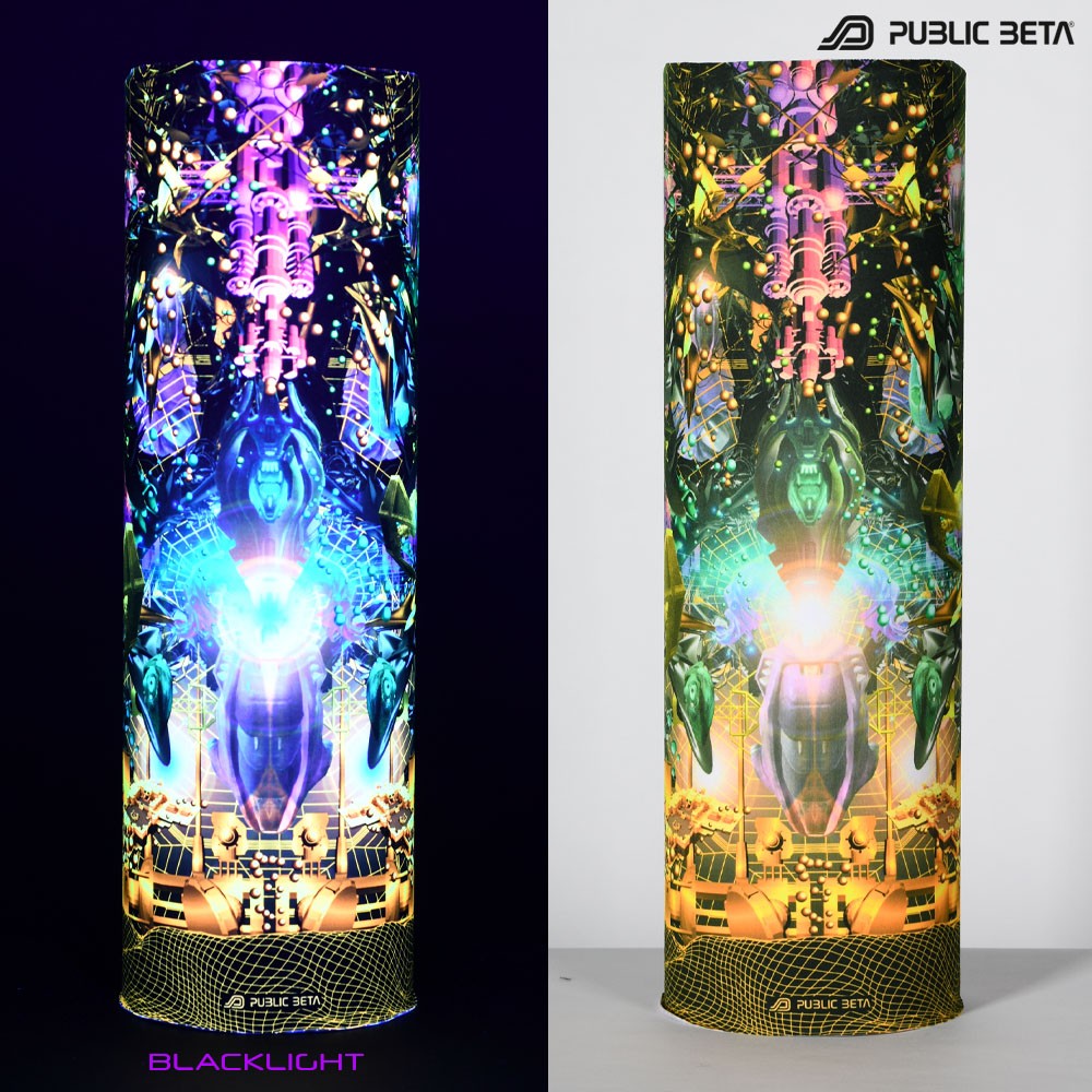 Ziggurat by Public Beta Wear Psywear. Psytrance Festival Accessories. Glow in Blacklight Tube Bandana.
