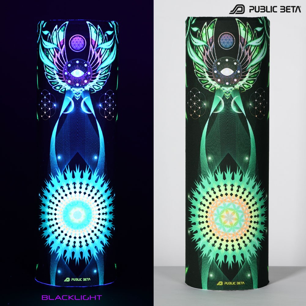 Public Beta Wear Transcendence Psywear. Psytrance Festival Accessories. Glow in Blacklight Tube Bandana.