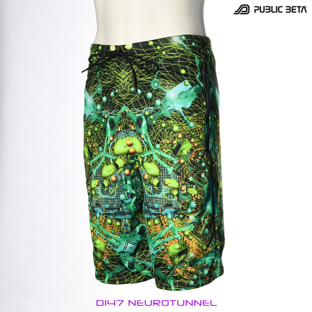 Neurotunnel by PublicBetaWear Beach shorts with glow in blacklight psychedelic art prints. Ideal for psytrance festivals.