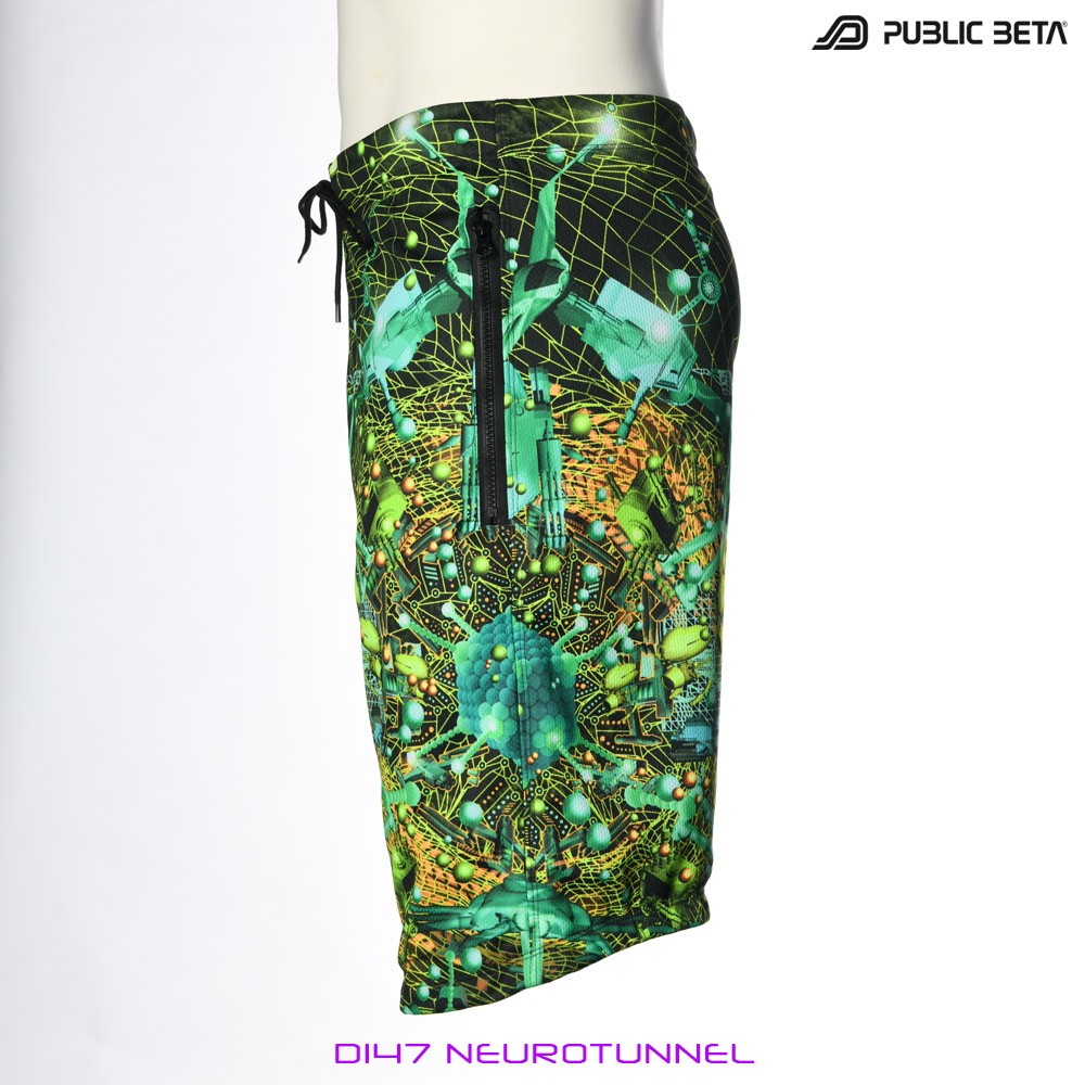 Neurotunnel by PublicBetaWear Beach shorts with glow in blacklight psychedelic art prints. Ideal for psytrance festivals.