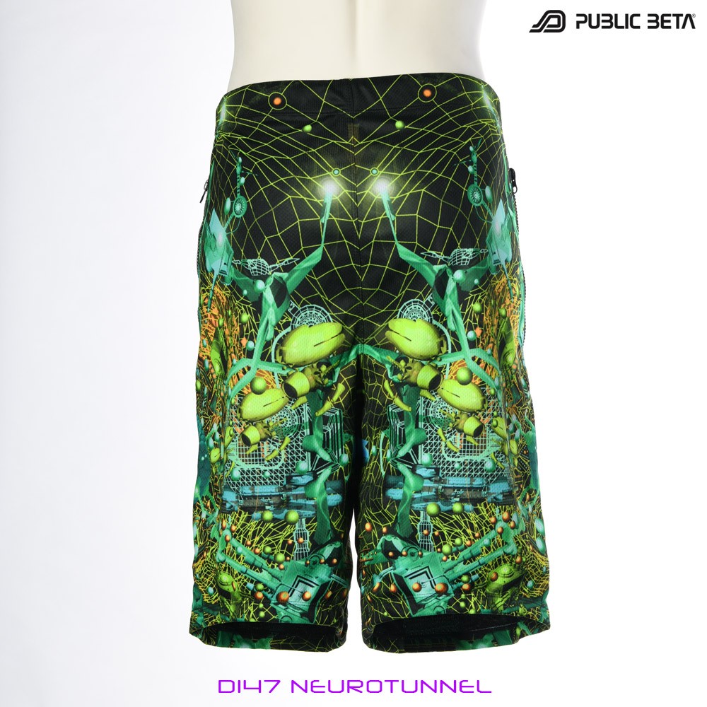 Neurotunnel by PublicBetaWear Beach shorts with glow in blacklight psychedelic art prints. Ideal for psytrance festivals.
