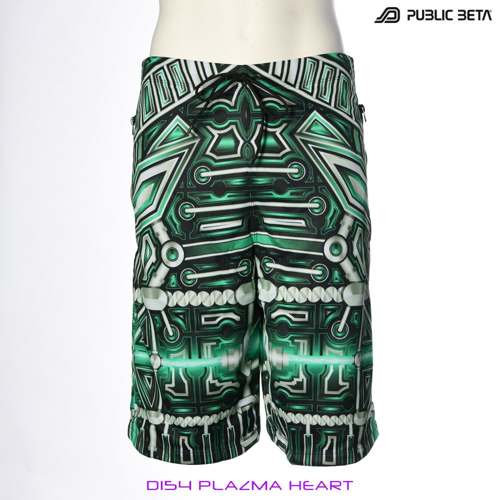 Plazma Heart by PublicBetaWear Beach shorts with glow in blacklight psychedelic art prints. Ideal for psytrance festivals.