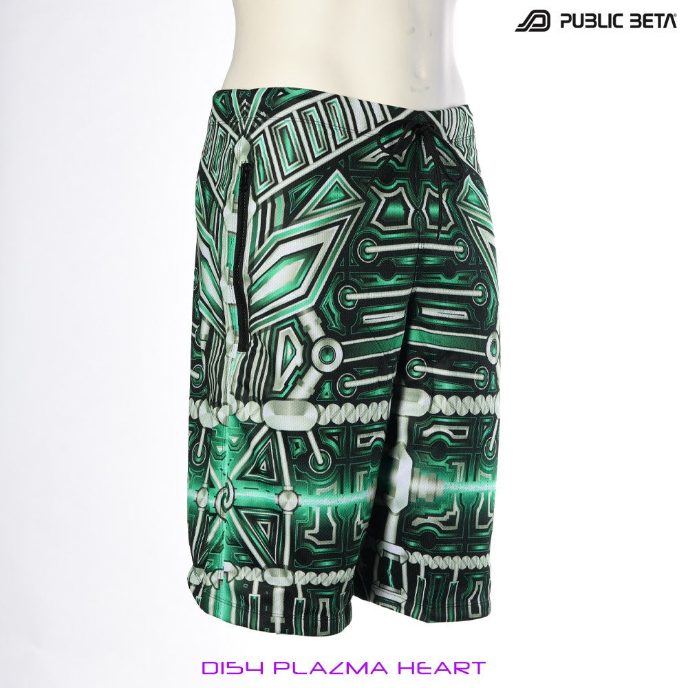 Plazma Heart by PublicBetaWear Beach shorts with glow in blacklight psychedelic art prints. Ideal for psytrance festivals.