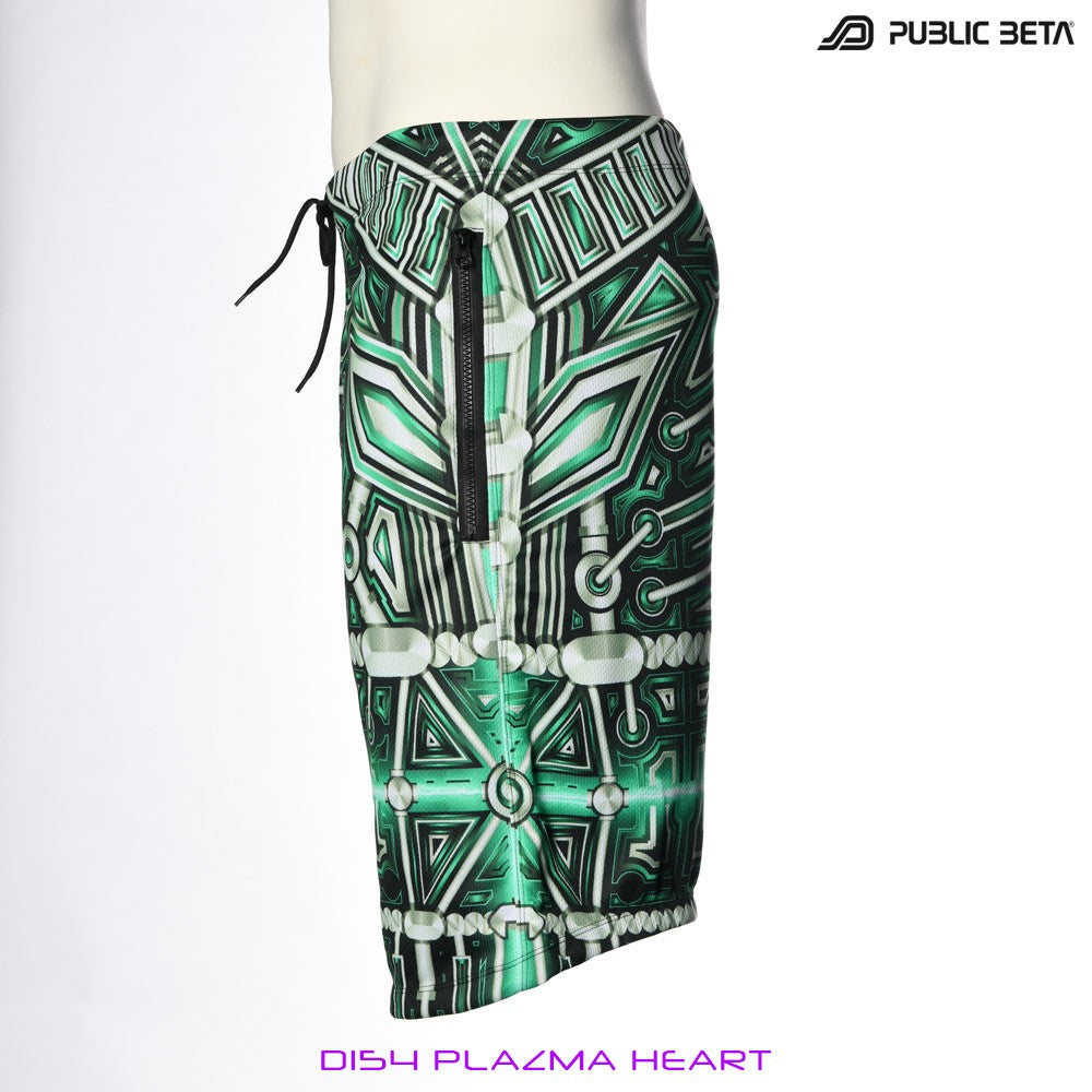 Plazma Heart by PublicBetaWear Beach shorts with glow in blacklight psychedelic art prints. Ideal for psytrance festivals.