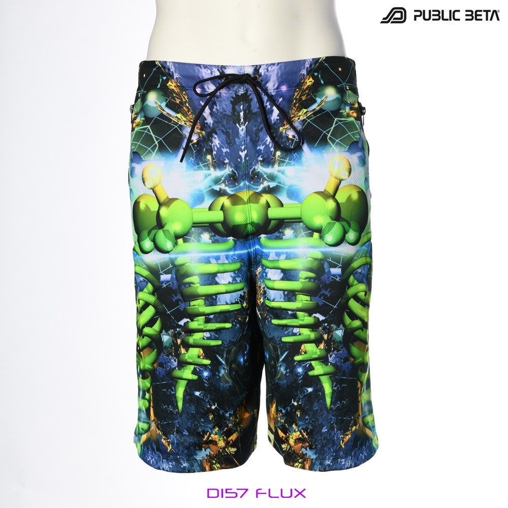 Flux by PublicBetaWear Beach shorts with glow in blacklight psychedelic art prints. Ideal for psytrance festivals.
