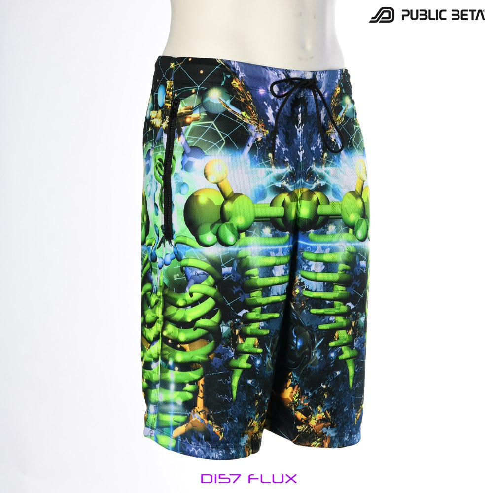 Flux by PublicBetaWear Beach shorts with glow in blacklight psychedelic art prints. Ideal for psytrance festivals.