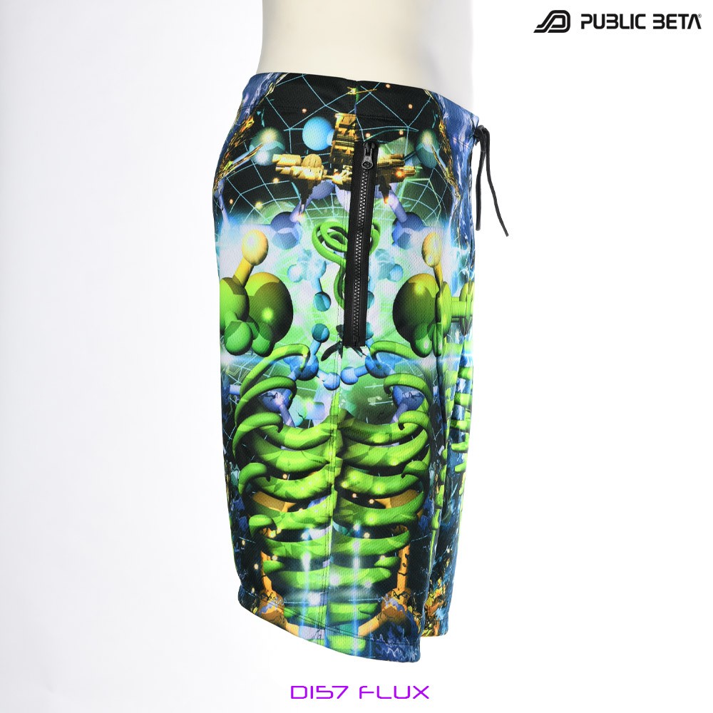 Flux by PublicBetaWear Beach shorts with glow in blacklight psychedelic art prints. Ideal for psytrance festivals.