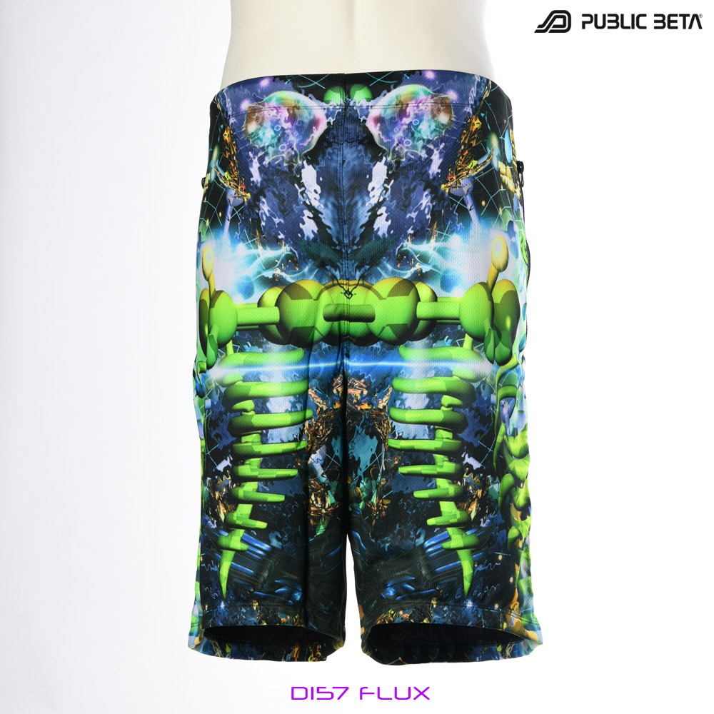 Flux by PublicBetaWear Beach shorts with glow in blacklight psychedelic art prints. Ideal for psytrance festivals.